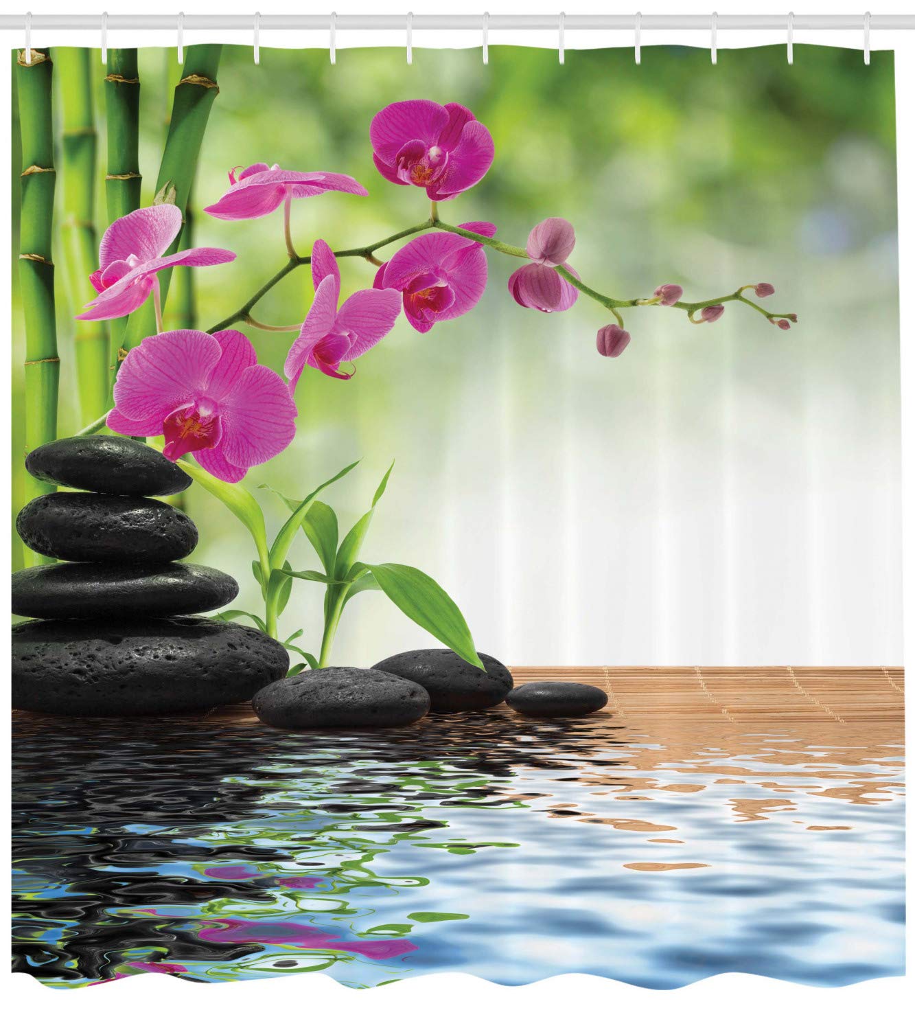 Ambesonne Orchid Shower Curtain, Greenery Composition Of Tree And Exotic Wild Fuchsia Flowers Stones, Cloth Fabric Bathroom Deco